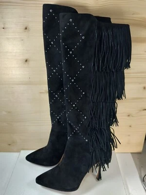 Vince Camuto Panaryaz Knee High Boot Size 8 Suede Fringe Stud Western Glam Sexy - Image 1 of 4