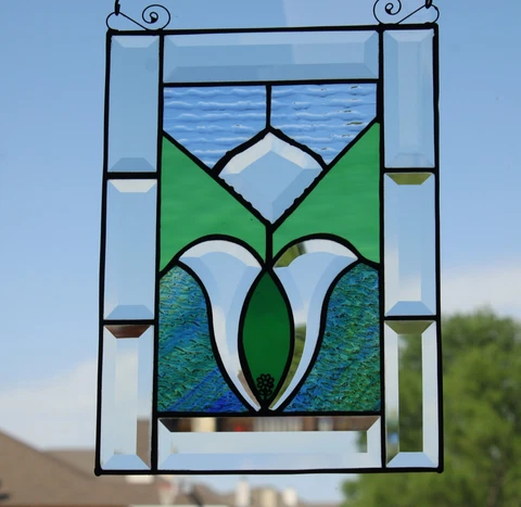 Beveled Stained Glass Panel, Window HMD-US-≈ 12 1/8"x9 1/8" art nevo tulip Cover