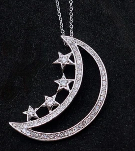 Sparkling Crystal Sterling Silver Crescent Moon Stars Pendant 16" - 18" Necklace - Picture 1 of 10