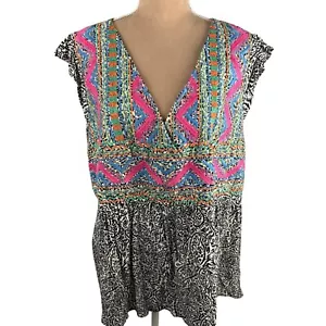 Savanna Jane Womens 2X Top Black/White Mulitcolor Boho Aztec Embroidered - Picture 1 of 8
