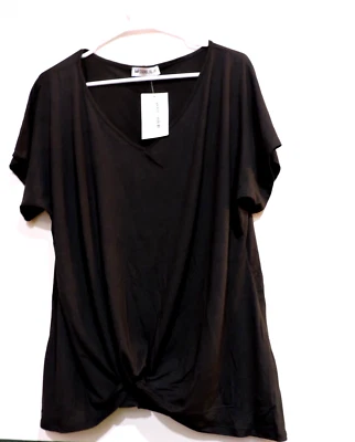 NWT Doubl Ju Black Front knot hem V-neck short slv poly/spand shirt Womens SZ 1X - Изображение 1 из 4