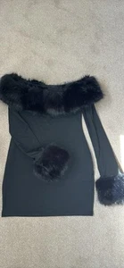 Shein Black Mini Bodycon Dress With Faux Fur Cuffs And Collar Size S - Picture 1 of 4