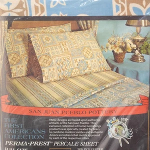 Vintage Sears Full Flat Sheet Southwest Beige Brown Blue Tribal Design - Picture 1 of 3