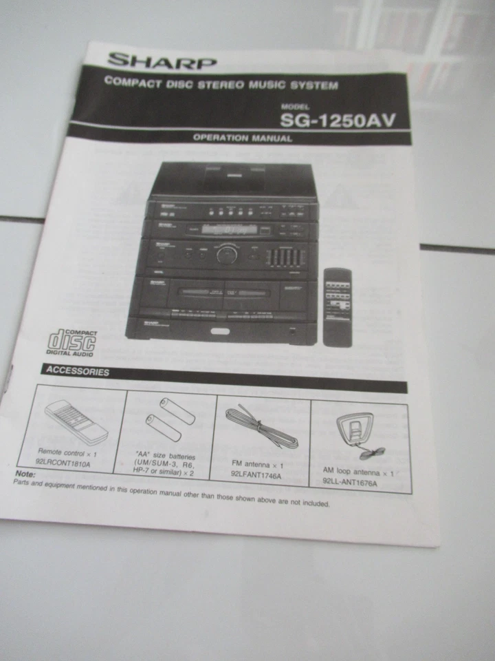 manual for a SHARP Compact Disc Stereo Music System, Model SG-1250AV  27p NMINT! - Image 1 of 1