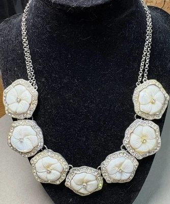 Floral necklace enamel off white color w/rhinstones silver tone- 18" - PO - Image 1 of 2