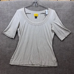 ST. JOHN spa Women's Beige Studded Scoop Neck 3/4 Sleeve Top Size M - Picture 1 of 9