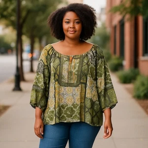Cato Olive Green Paisley Peasant Blouse Top 26/28W Plus Size 3/4 Sleeve - Picture 1 of 9