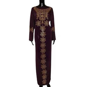African Gold Embroidered Women Long Fitted Brown Dress - Picture 1 of 6