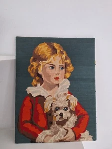 Canevas Tapisserie Tableau Vintage Enfant Et Animal Chien  - Picture 1 of 8