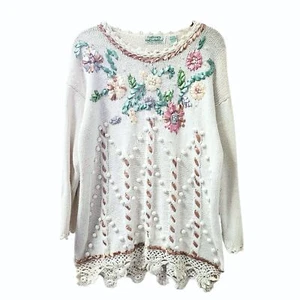 80s 90s Vintage Knit Sweater Oversized Size M/L Ribbon Embroidered Weave Pom Pom - Picture 1 of 5