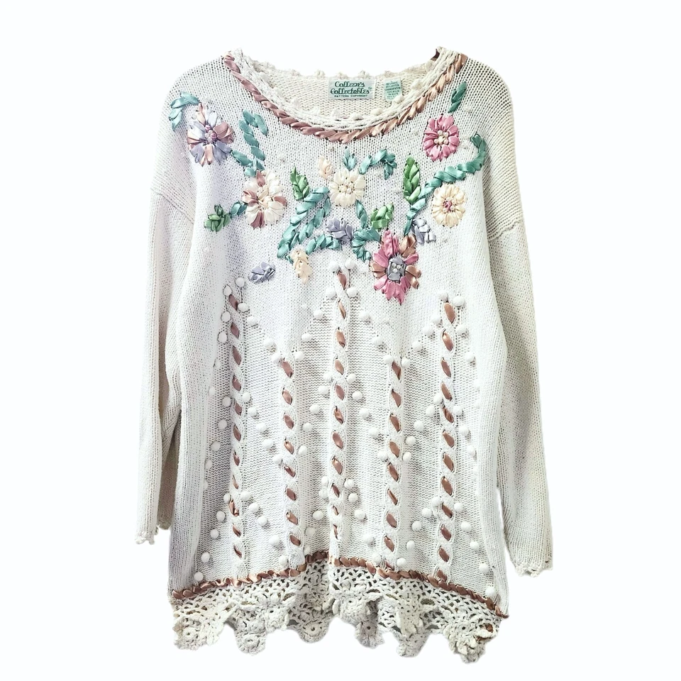 80s 90s Vintage Knit Sweater Oversized Size M/L Ribbon Embroidered Weave Pom Pom - Image 1 of 4