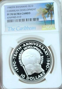 1980 BAHAMAS SILVER 10 DOLLARS CARIBBEAN DEVELOPMENT NGC PF 70 ULTRA CAMEO   - Picture 1 of 4