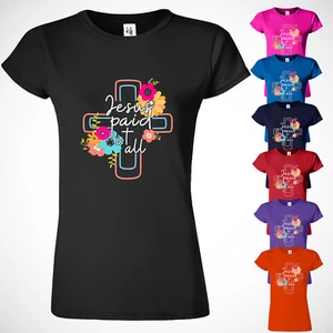 Jesus Cross Christian Faith Flower Lover Women's T-Shirt USA Religious Gift Tee - Picture 1 of 11