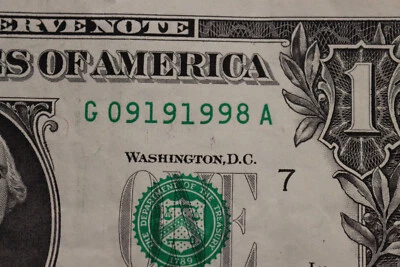 ONE DOLLAR FANCY BIRTHDAY ANNIVERSARY NOTE  SEPT 19, 1998  SN G 09191998 A - Image 1 of 3