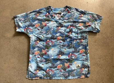 Vintage Green Scrubs Blue Cotton Ocean Sea Dolphin Coral Fish Top Size L USA - Image 1 of 4