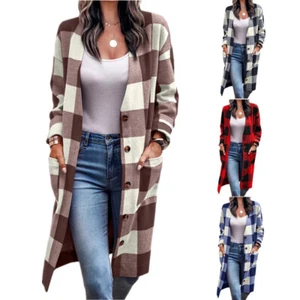 Locker karierter Damenmantel Strickjacke mit Knopftasche bedruckt - Bild 1 von 13