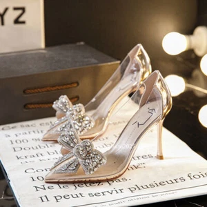 Women's Transparent Rhinestone Bow Pointed Toe Stiletto Heel Wedding Party Shoes - Picture 1 of 15