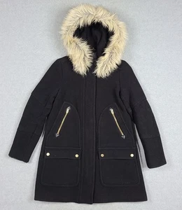 J. Crew Italian Stadium Cloth Nello Gori Size 0 Black Wool Coat Fur Hooded - Picture 1 of 11