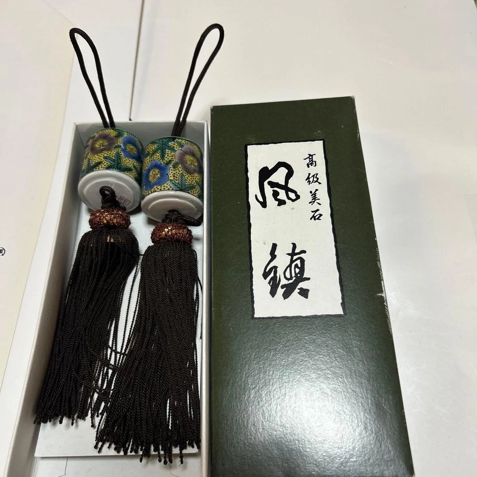 Fuchin/Hanging Scroll Weight/Blue Golden Flower Pottery Ornaments Stone USED K - Image 1 of 1