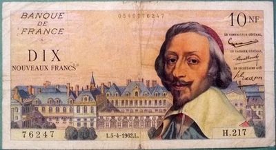 FRANCE 10 NEW FRANCS, P 142 a, ISSUED 05.04.  1962,  RICHELIEU - Image 1 of 2