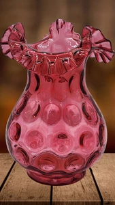 Vintage Fenton Cranberry Polka Dot Glass Vase w/Ruffled Crimped Edge 2 Available - Picture 1 of 10
