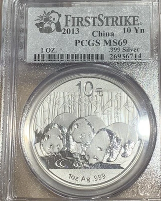 CHINA 2013 FIRST STRIKE SILVER  PANDA 10 YN PCGS MS69 - Image 1 of 2
