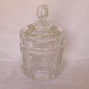 Antique Duncan & Sons Glass Cryptic Zipper Ribbon Stars Lidded Bisquit Jar 1880s - Picture 1 of 9