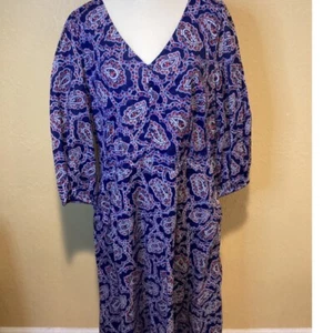 Vestido Talbots Manga Abullonada Ajuste y Acampanado Azul Marino, Estampado Paisley Rojo y Blanco, Talla 16 - Imagen 1 de 6