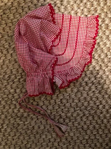 VTG Old Fashioned Sunbonnet Handmade Red Gingham Prairie Sun Bonnet Ric Rac Snap - Picture 1 of 10