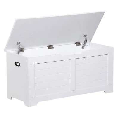 Baúl de almacenamiento 39" caja de juguetes banco de almacenamiento de madera con 2 bisagras de seguridad blanco Foto 1 de 4