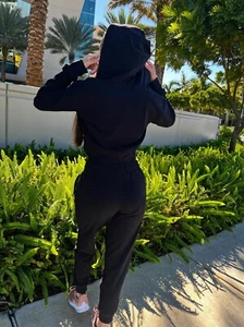 Women’s Ultra Soft Black Medium Hoodie Crop Top & Joggers Set $36 - Picture 1 of 9