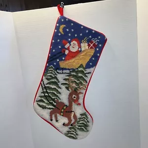 Cross Stitch Needlepoint Stocking Santa in Sleigh with Rudolph Velvet Back - Picture 1 of 4