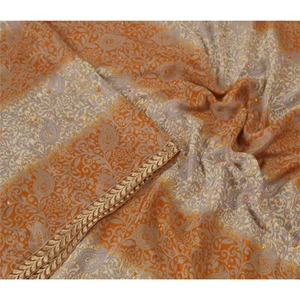 Sanskriti Vintage Creme Sari Moos Krepp Bedruckt Sari Weich Dekor Handarbeit Stoff - Bild 1 von 9