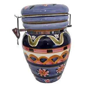Boulevard Hand-Painted Ceramic Jar W/ Lid & Clamp Dishwasher Safe Floral 10" - Picture 1 of 5