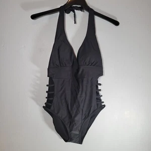 Womens Swimsuit Cutout Halter Backless Black Size XL 12 New One Piece - Picture 1 of 6