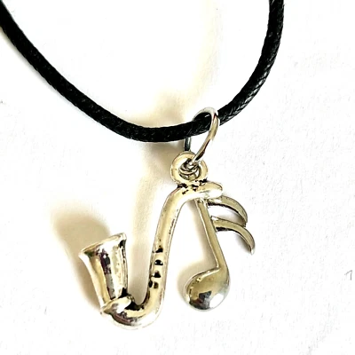 Saxophone Sax Music Pendant Necklace Black Cord 22" Silver Tone Quarter Note - Image 1 of 4