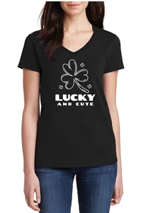 Womens V-neck Lucky & Cute T-Shirt St. Patrick's Day Gift Funny Irish Shamrock - Picture 1 of 3