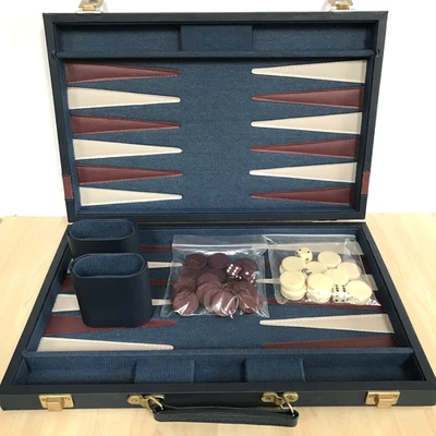 Backgammon Set in Navy Faux Leather Felt Lined Case 37x24cm Vintage Complete - Image 1 of 4