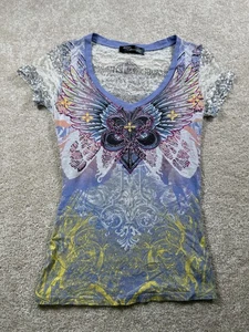 Angels & Diamonds Shirt Womens Small Purple Yellow Graphic Lace Sequin Wing Y2K - Picture 1 of 7