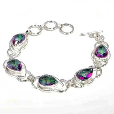925 Sterling Silver Mystic Topaz Gemstone Handmade Jewelry Bracelet Size-8" - Image 1 of 3