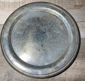 Vintage Silver Plated Serving Tray with Ornate Etched Design Rope Edge China - Picture 1 of 4