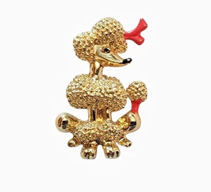 Pudel Hund goldfarbene Anstecknadel mit roter Schleife Vintage Welpen Brosche Retro Klassiker - Bild 1 von 3