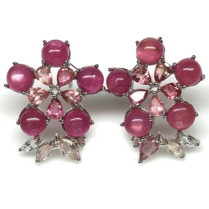 925 Silver Pink Ruby, Tourmaline, Sapphire & Cubic Zirconia Earrings - Picture 1 of 4