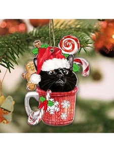 2D Black Cat Coffee Acrylic Car Charm | Cute Xmas Ornament Pendant | Christmas - Picture 1 of 4