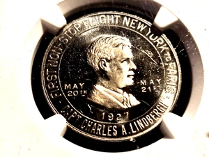 1947 C.SMITH 50C LINDBERGH-NY TO PARIS LUCKY LIND. NGC MS64PL - Picture 1 of 4