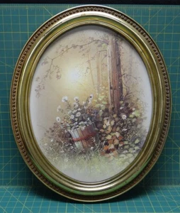 Vintage Oval Framed Gold Tone Matted Art Floral Woods Arrangement Decor - Picture 1 of 8