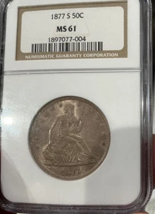 1877-S Seated Liberty Half Dollar NGC MS61 MINT STATE COIN - Picture 1 of 2