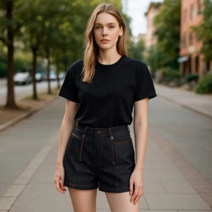 Unique Vintage Denim Shorts High Waist Stretch Black w/ Pockets Size L - Picture 1 of 15