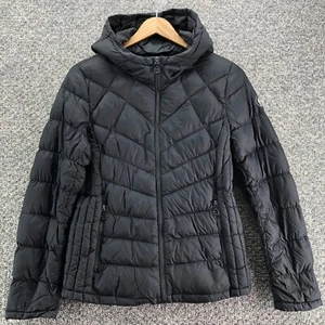 Michael Kors MK Puffer Hooded Jacket Black Womens Sz S Packable Down Fill Zip - Picture 1 of 16
