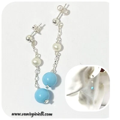 orecchini argento 925 pendenti Lunghi Da Donna Con Pietre Tuchese Perla Perle - Immagine 1 di 4